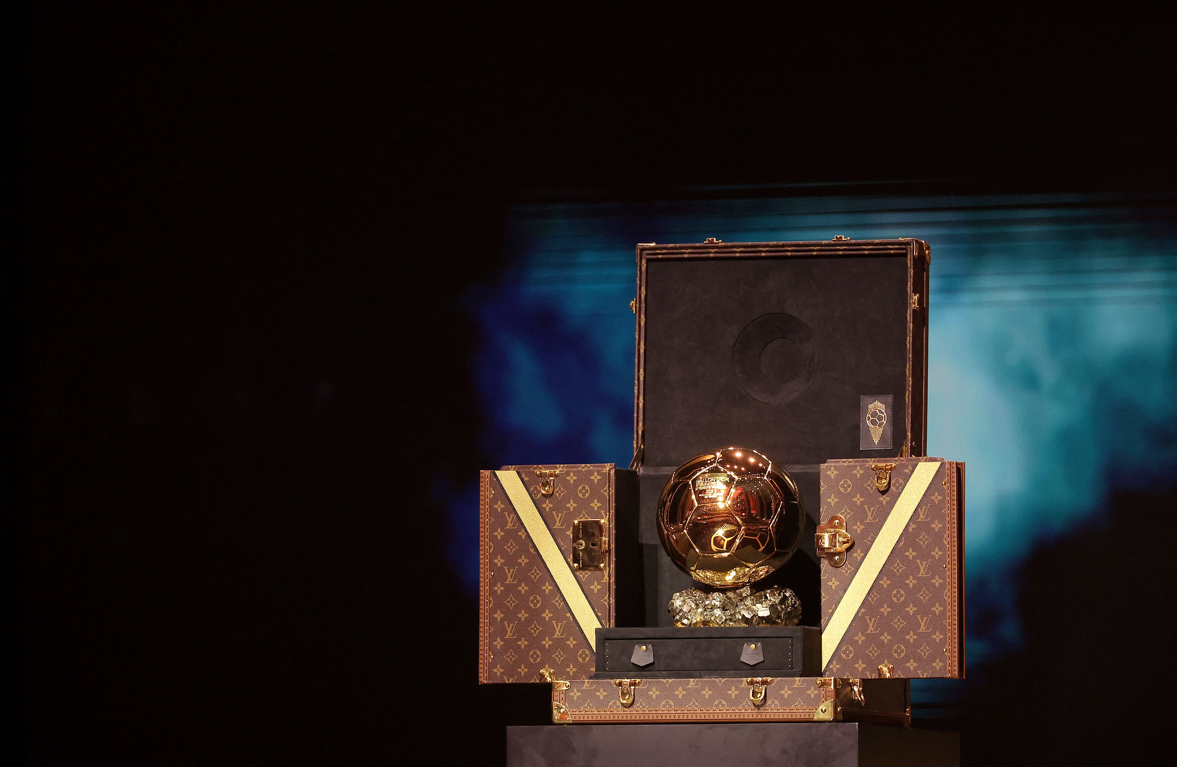 This photograph taken on October 30, 2023, shows the Ballon d'Or award displayed during the 2023 Ballon d'Or France Football award ceremony at the Theatre du Chatelet in Paris. (Photo by FRANCK FIFE / AFP)