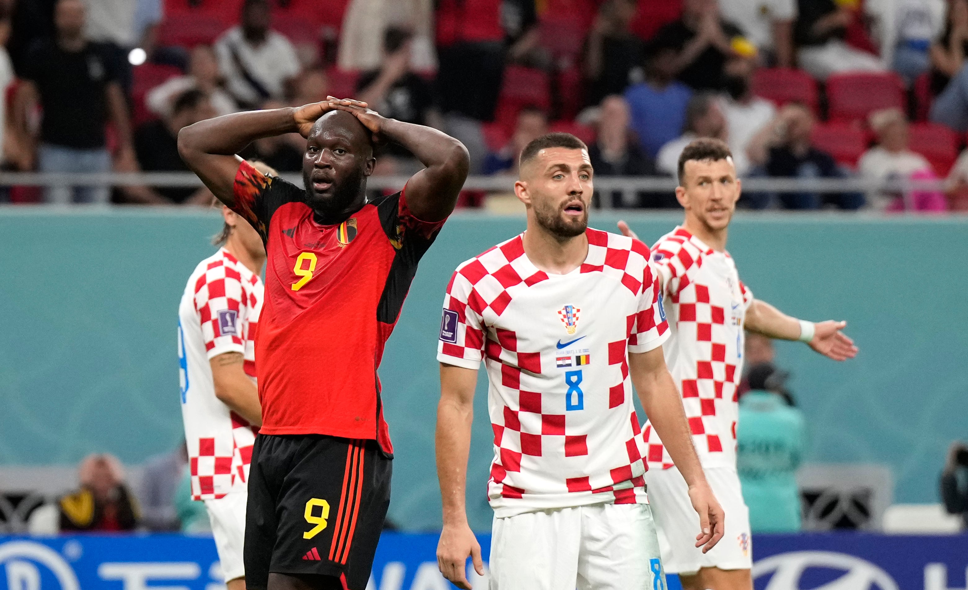 Belgium's Romelu Lukaku, left, reacts after his goal attempt header during the World Cup group F soccer match between Croatia and Belgium at the Ahmad Bin Ali Stadium in Al Rayyan , Qatar, Thursday, Dec. 1, 2022. (AP Photo/Ricardo Mazalan)