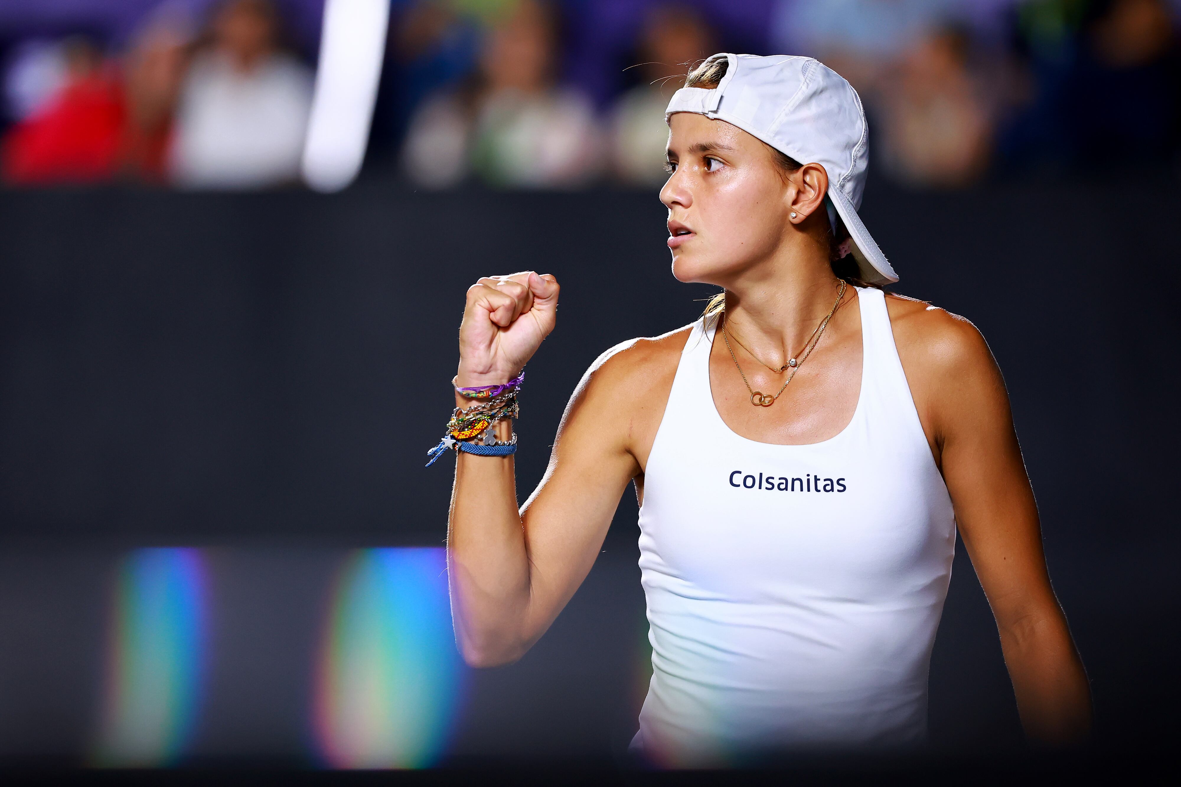 ZAPOPAN, MEXICO - SEPTEMBER 21: Emiliana Arango of Colombia celebrates during the women's singles quarterfinal match against Maria Sakkari of Greece as part of the day seven of the Guadalajara Open Akron 2023 presented by Santander as part of the Hologic WTA Tour at Complejo Panamericano de Tenis on September 21, 2023 in Zapopan, Mexico. (Photo by Hector Vivas/Getty Images)