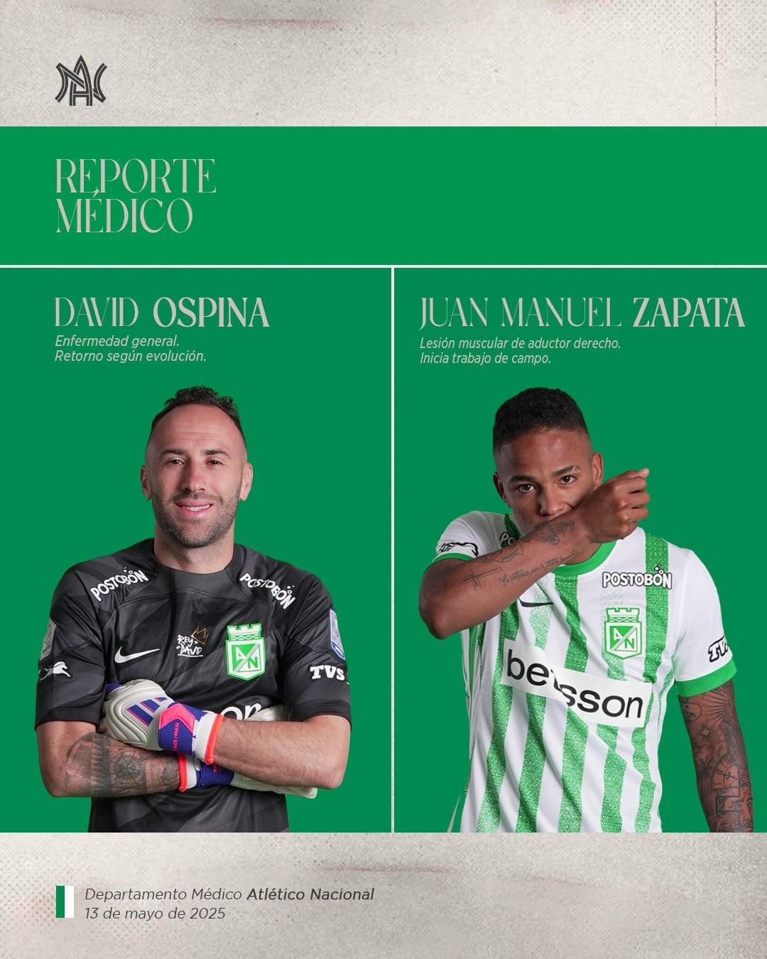 Reporte médico de Atlético Nacional sobre la salud de David Ospina.