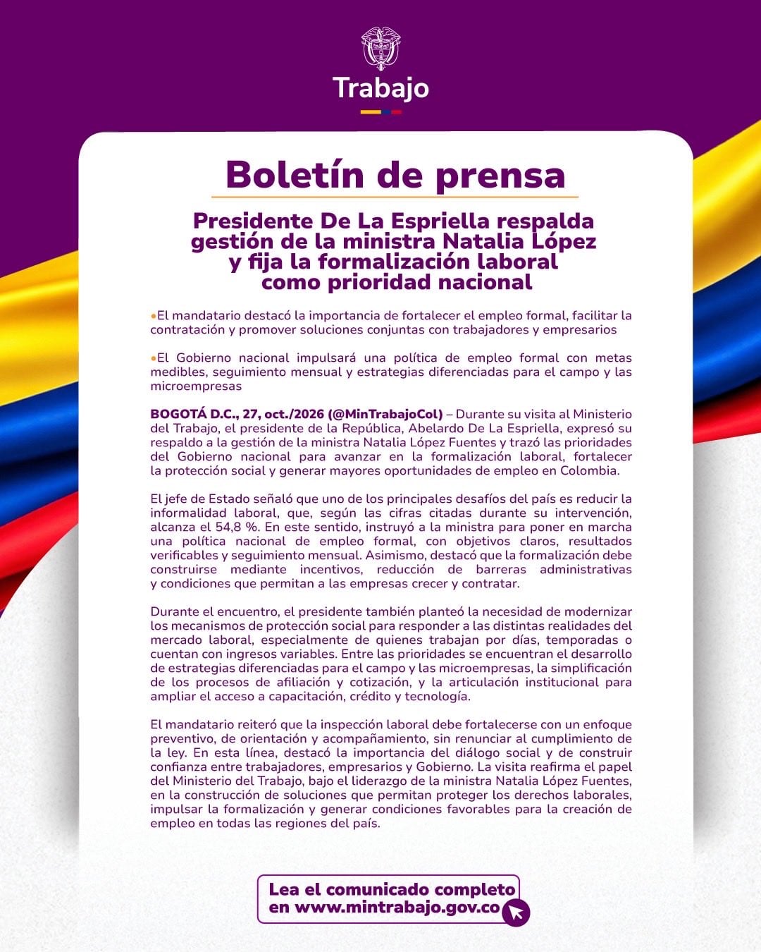 Comunicado Ministerio del Trabajo