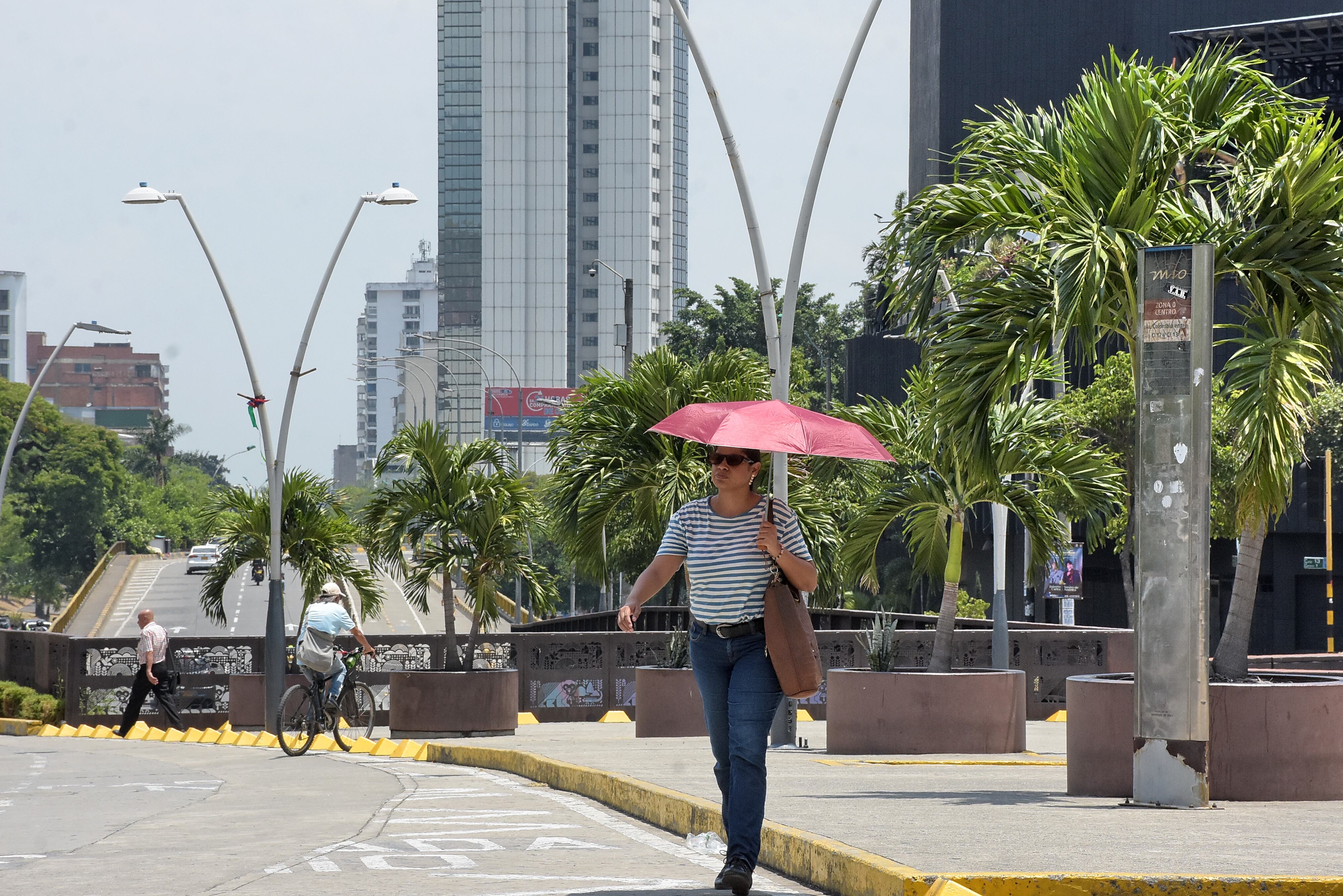 Una temperatura de 31 y una sensación de 33 Grados Centígrados fue lo que se vivió  hoy en la ciudad, Los caleños hacen uso de Accesorios como el paraguas para evitar el inclemente sol, que por estos días azota la sucursal del cielo