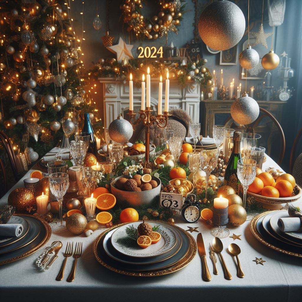 Decoración de mesa para la cena de Año Nuevo.