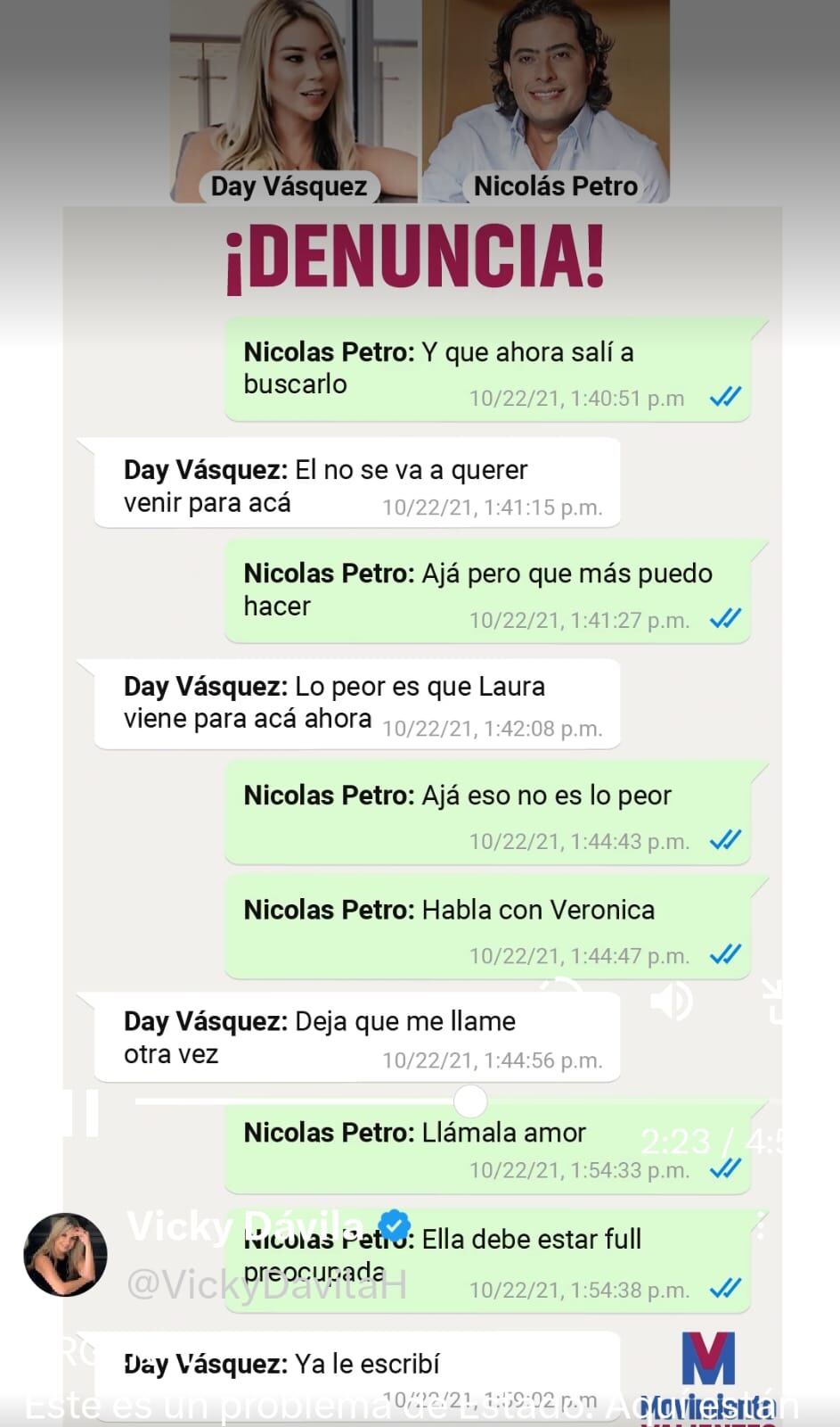 Chats revelados por Vicky Dávila supuestamente entre Day Vásquez y Nicolás Petro. Foto: tomada de redes / El País.