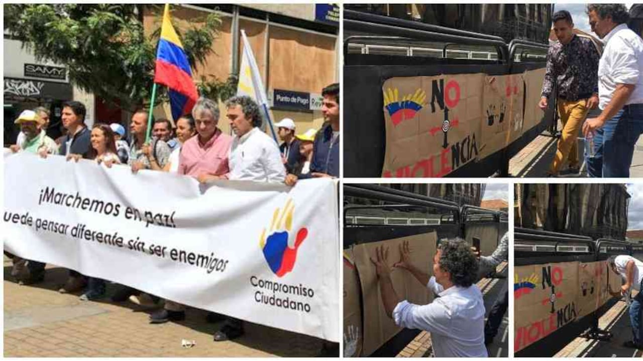 "Marchemos en paz, se puede pensar diferente sin ser enemigos", ese fue el mensaje que el excandidato presidencial Sergio Fajardo decidió dar a través de la pancarta con la que salió a marchar.