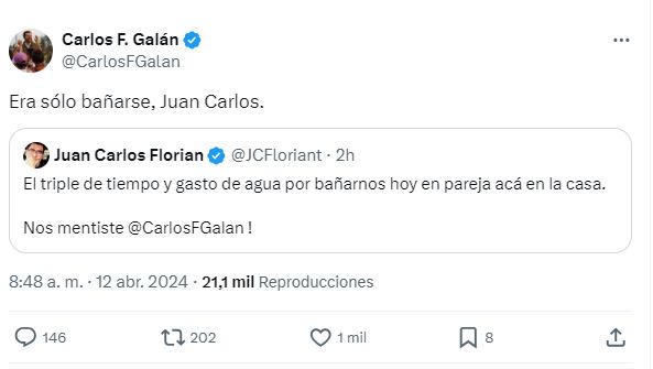 Así respondió el alcalde Galán a una persona que dijo haberse demorado el triple tras bañarse con su pareja.