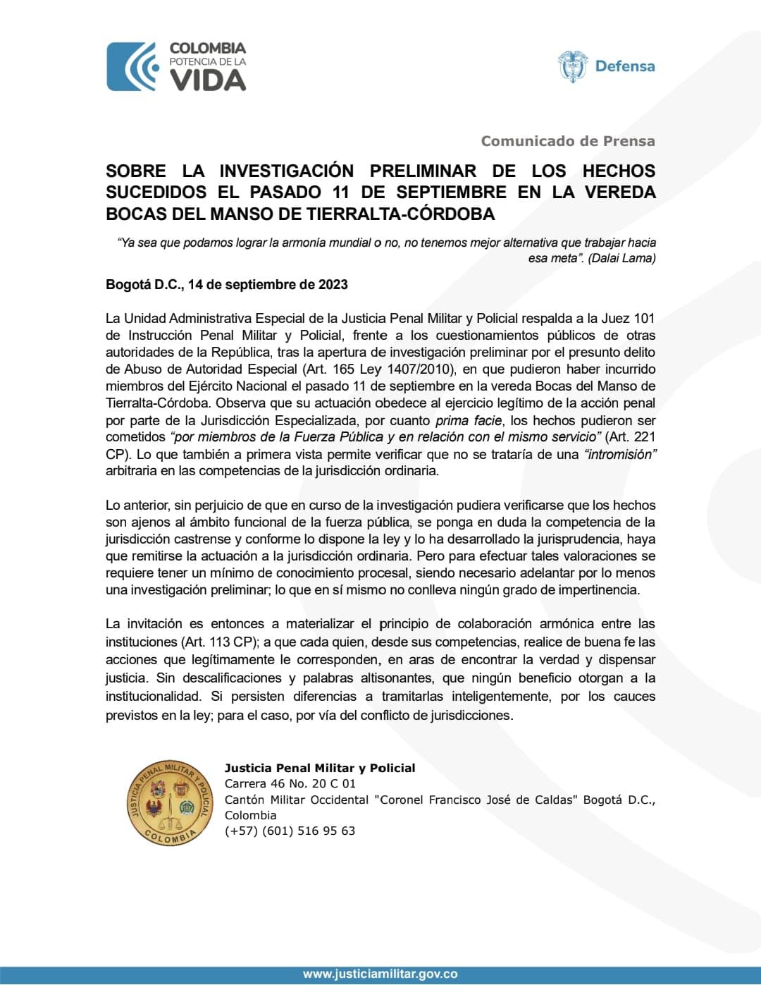reclama competencia para investigar hostigamientos de militares en Tierralta