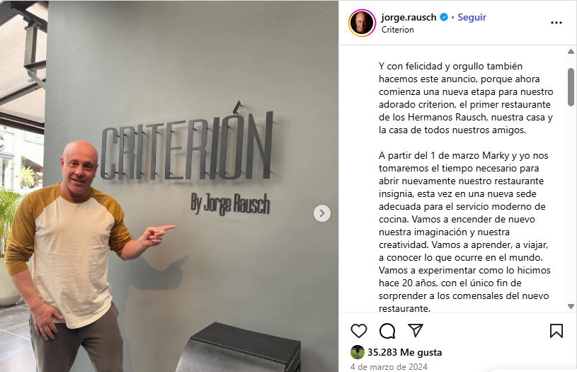 Jorge Rausch anunció el cierre de su restaurante.