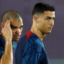 Soccer Football - FIFA World Cup Qatar 2022 - Portugal Training - Al Shahaniya SC Training Facilities, Al-Shahaniya, Qatar - December 5, 2022 Portugal's Cristiano Ronaldo and Pepe during training REUTERS/Hannah Mckay