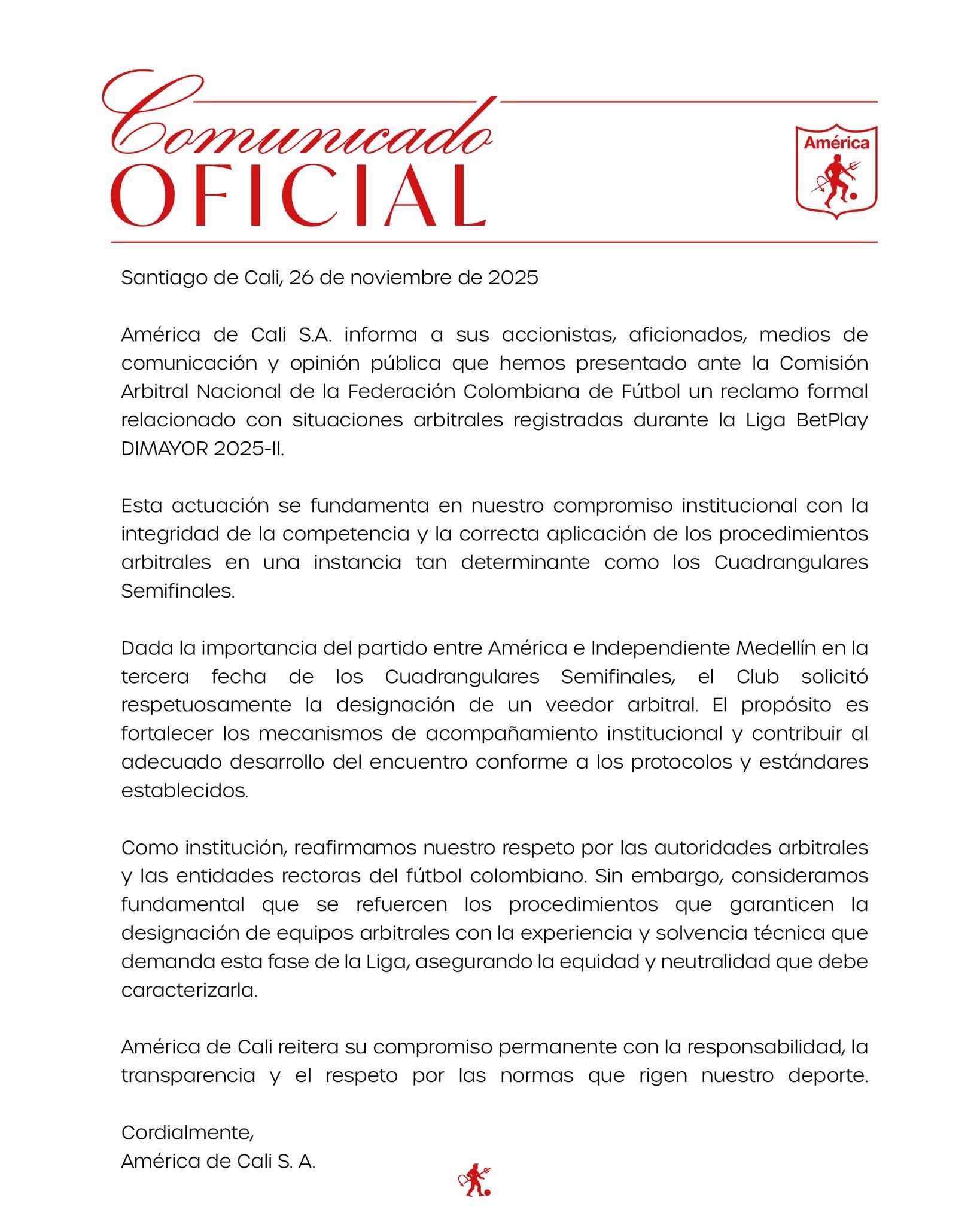Comunicado de prensa de América de Cali sobre la solicitud a la Comisión Arbitral.