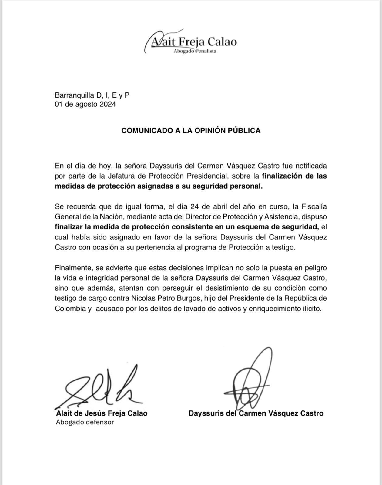 Comunicado sobre las medidas de protección de Day Vásquez.