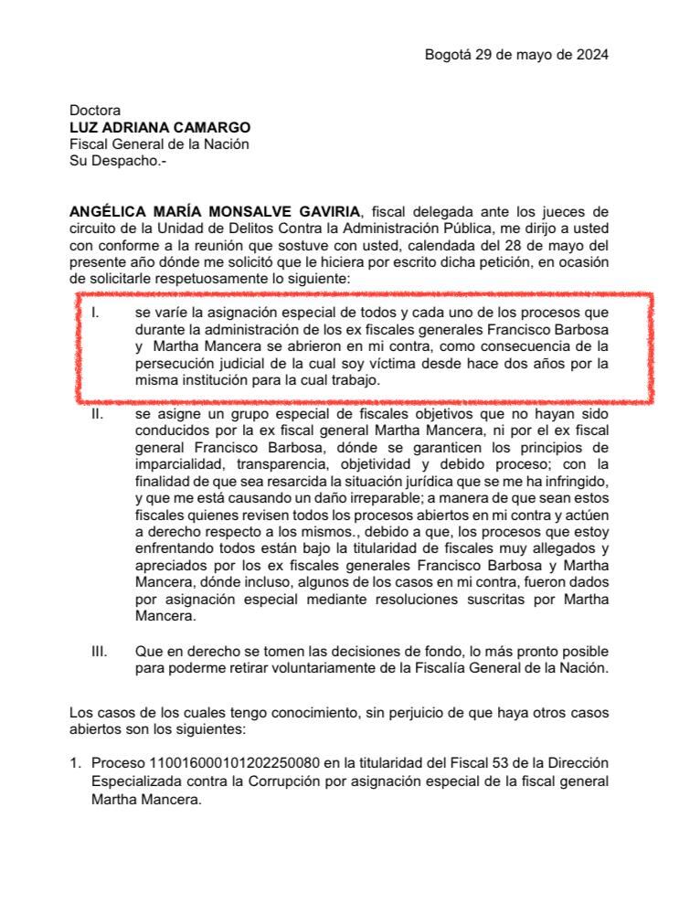 SEMANA conoció el documento que advierte una reunión entre la fiscal Monsalve y su jefe, donde se “acordó” la solicitud de reasignación de los procesos.