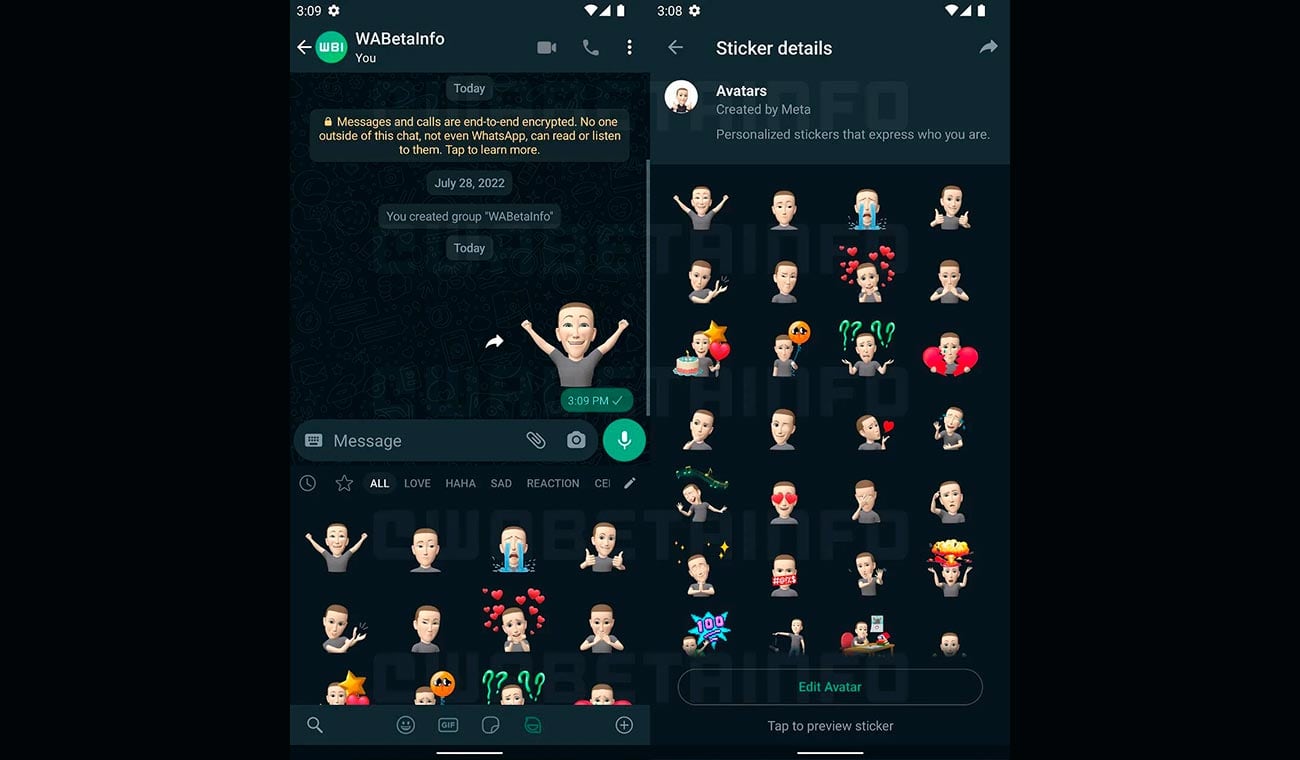 Captura de pantalla de los nuevos Avatares de WhatsApp.