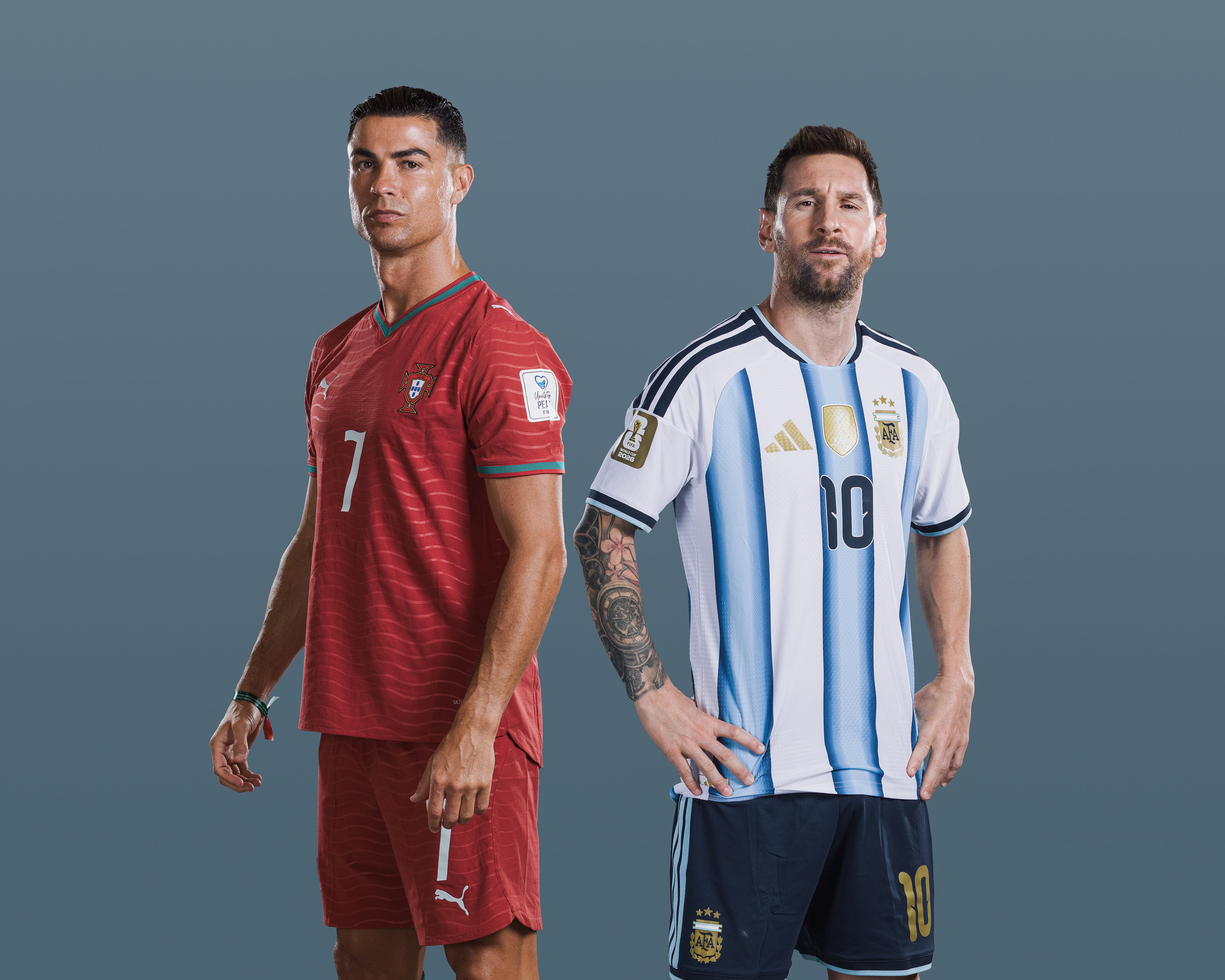 (EXCLUSIVE COVERAGE) (EDITORS NOTE: THIS IMAGE HAS BEEN RETOUCHED and tonal effects have been applied) In this composite image released on June 15, a comparison has been made between (L-R) Cristiano Ronaldo of Portugal and Lionel Messi of Argentina, who are posing during the official FIFA World Cup 2026 portrait sessions on June 14, 2026 in Kansas City and June 11, 2026 in Palm Beach, Florida. The two football legends are preparing to take part in their final FIFA World Cup. (Photo by Pat Elmont and Karl Bridgeman - FIFA/FIFA via Getty Images)