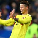PARIS, FRANCE - MARCH 23: Juan Quintero of Columbia celebrates with teammate James Rodríguez after scoring his sides third goal during the International friendly match between France and Columbia at Stade de France on March 23, 2018 in Paris, France. (Photo by Clive Rose/Getty Images)