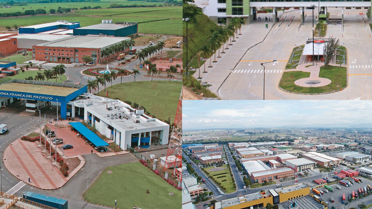 Cundinamarca es el departamento con el mayor número de zonas francas (19), seguido de Bolívar, Antioquia y Atlántico. De izquierda a derecha los parques industriales del Pacífico, Bogotá, Barranquilla y Santander.