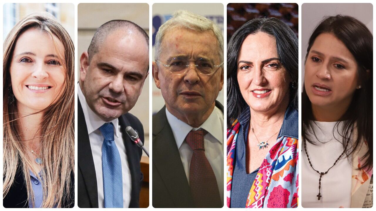 El expresidente Álvaro Uribe (centro) se refirió a la elección de la candidata del Centro Democrático para las elecciones a la presidencia de Colombia. En la imagen, de izquierda a derecha también aparecen Paloma Valencia, Gabriel Vallejo, María Fernanda Cabal y Paola Holguín.