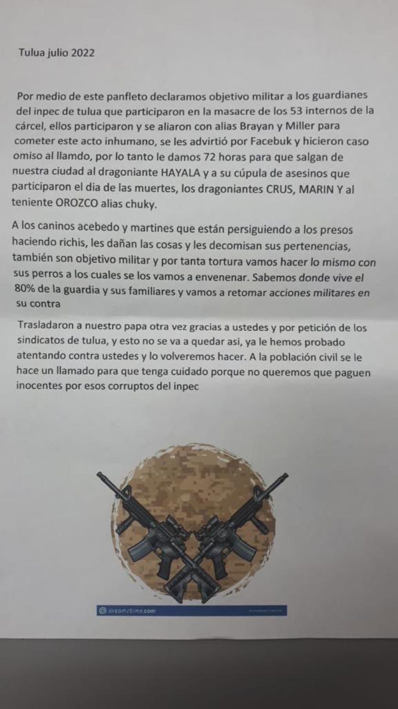 Este es el panfleto dejado por desconocidos en el penal de Tuluá.