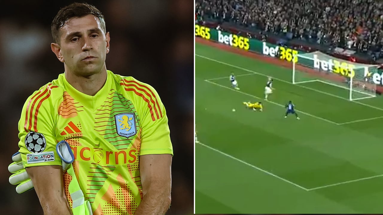 Dibu Martínez, arquero de Aston Villa, se vio comprometido en el gol del PSG a los 11 minutos
