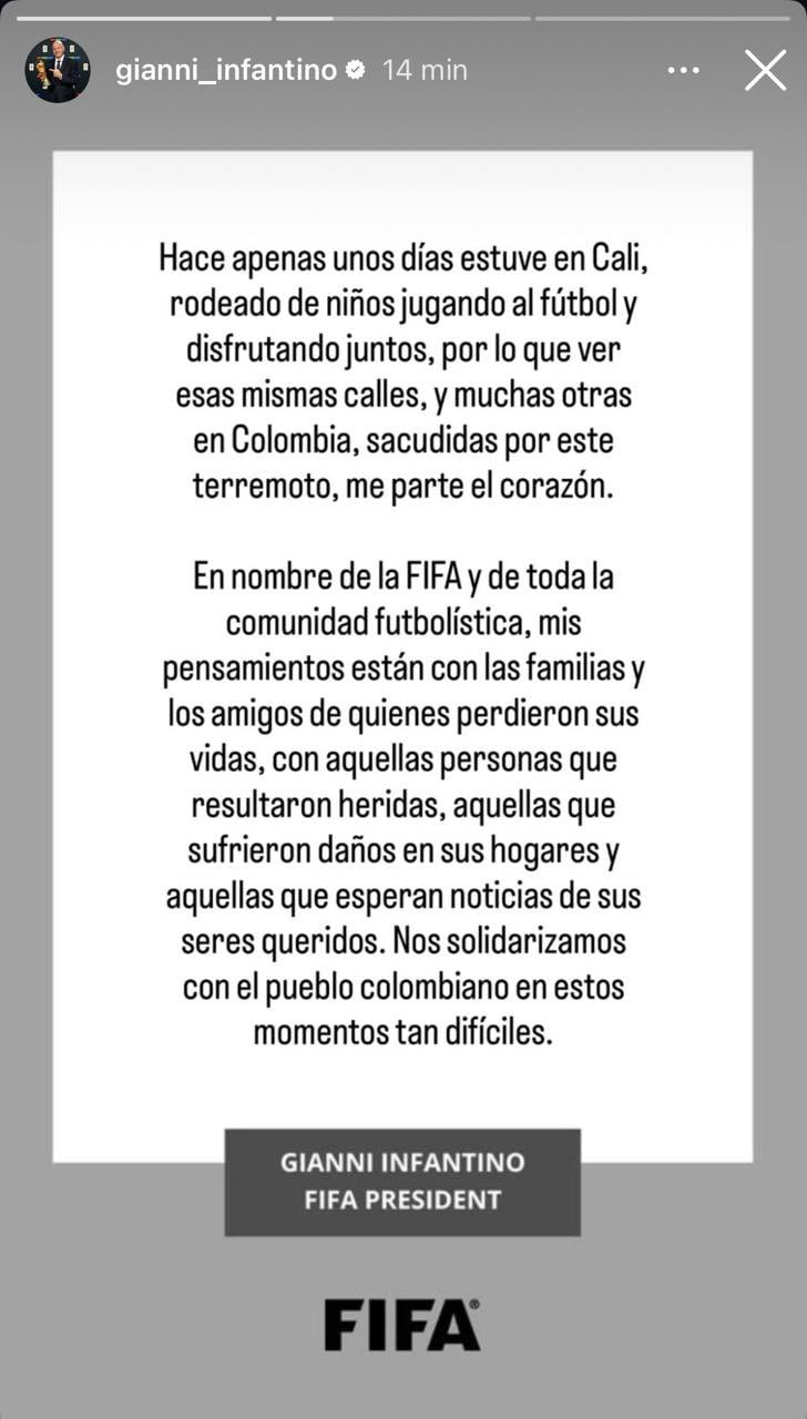 Mensaje de Gianni Infantino por terremoto en Colombia