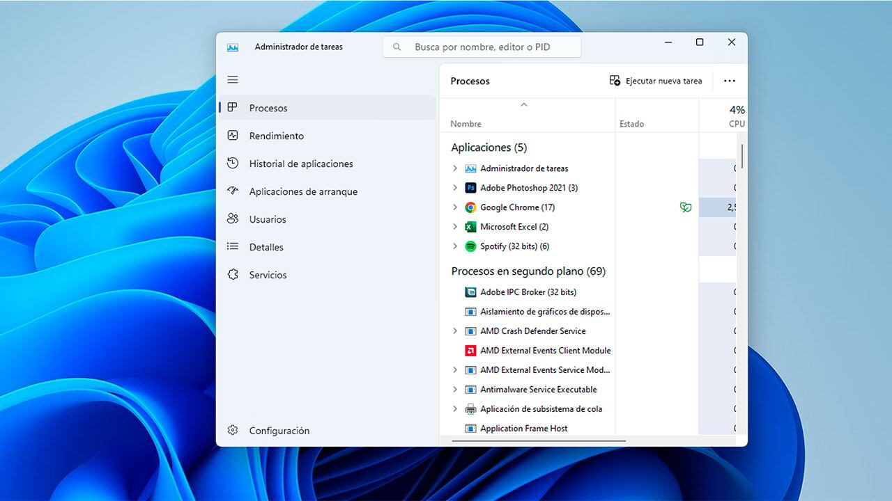 El administrador de tareas de Windows permite cerrar programas que fallan.