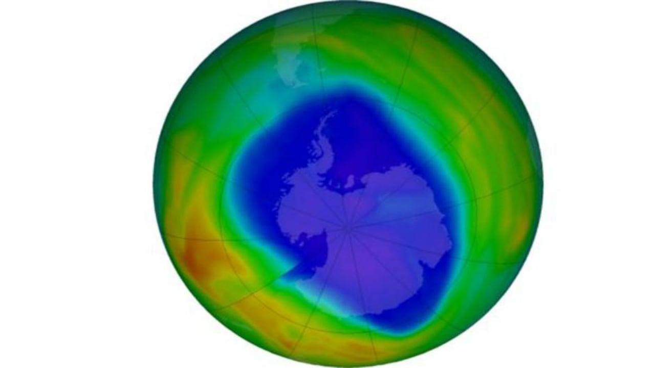 Vista del ozono total sobre la Antártida el 12 de septiembre. Los colores púrpura y azul son los que tienen menos ozono y los amarillos y rojos son los que tienen más. Foto: NASA