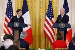 US President Joe Biden and French President Emmanuel Macron. (Photo by Ludovic MARIN / AFP)