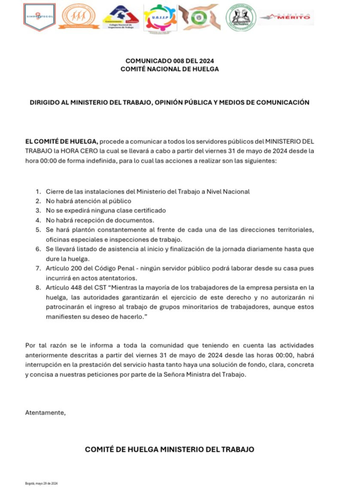 Los sindicalistas de la cartera piden no tener “miedo” a no trabajar durante el tiempo por el que se prolongue la protesta.
