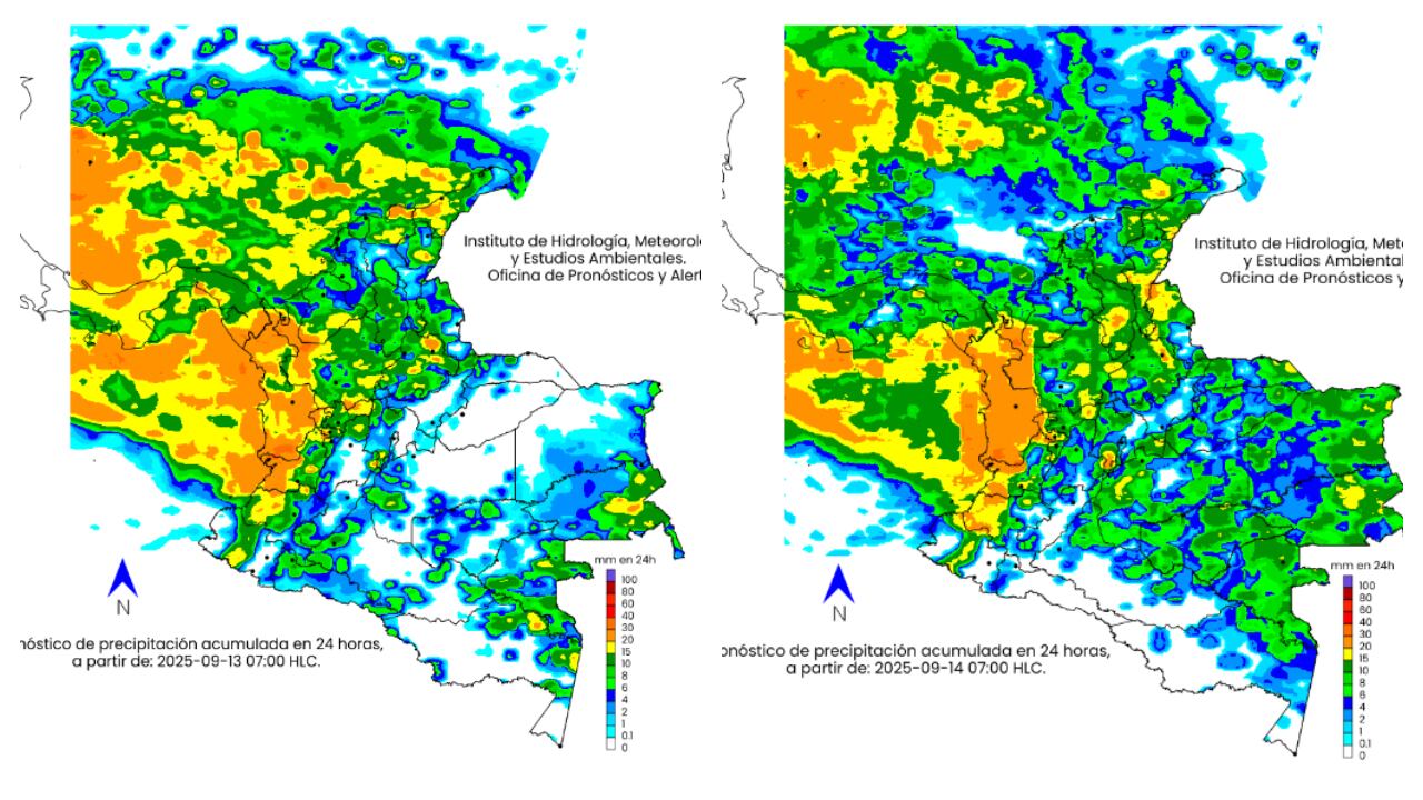 Los mapas que dan cuenta del comportamiento del clima en Colombia el 13 y 14 de septiembre, respectivamente