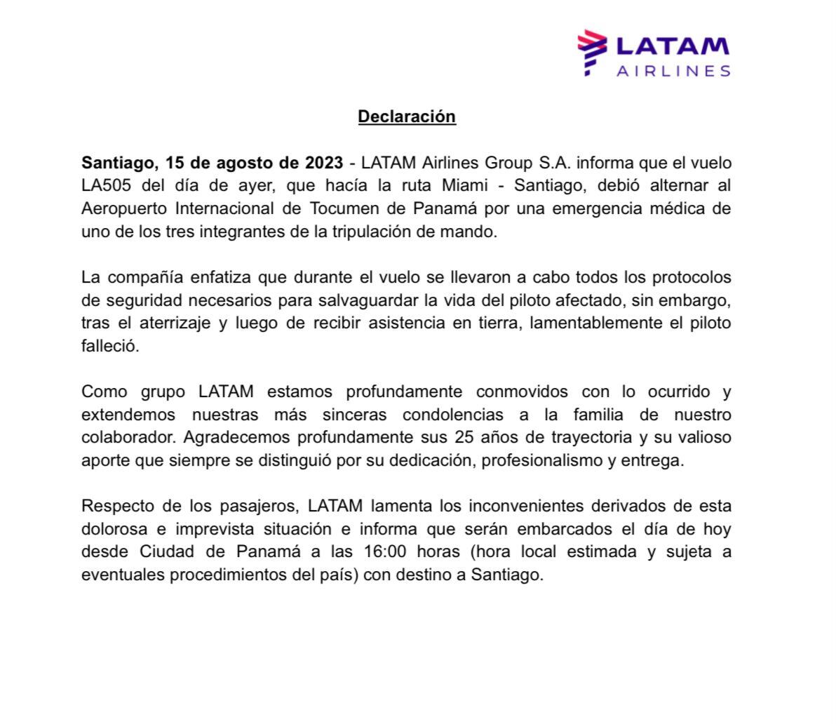 Comunicado de la Aerolínea Latam