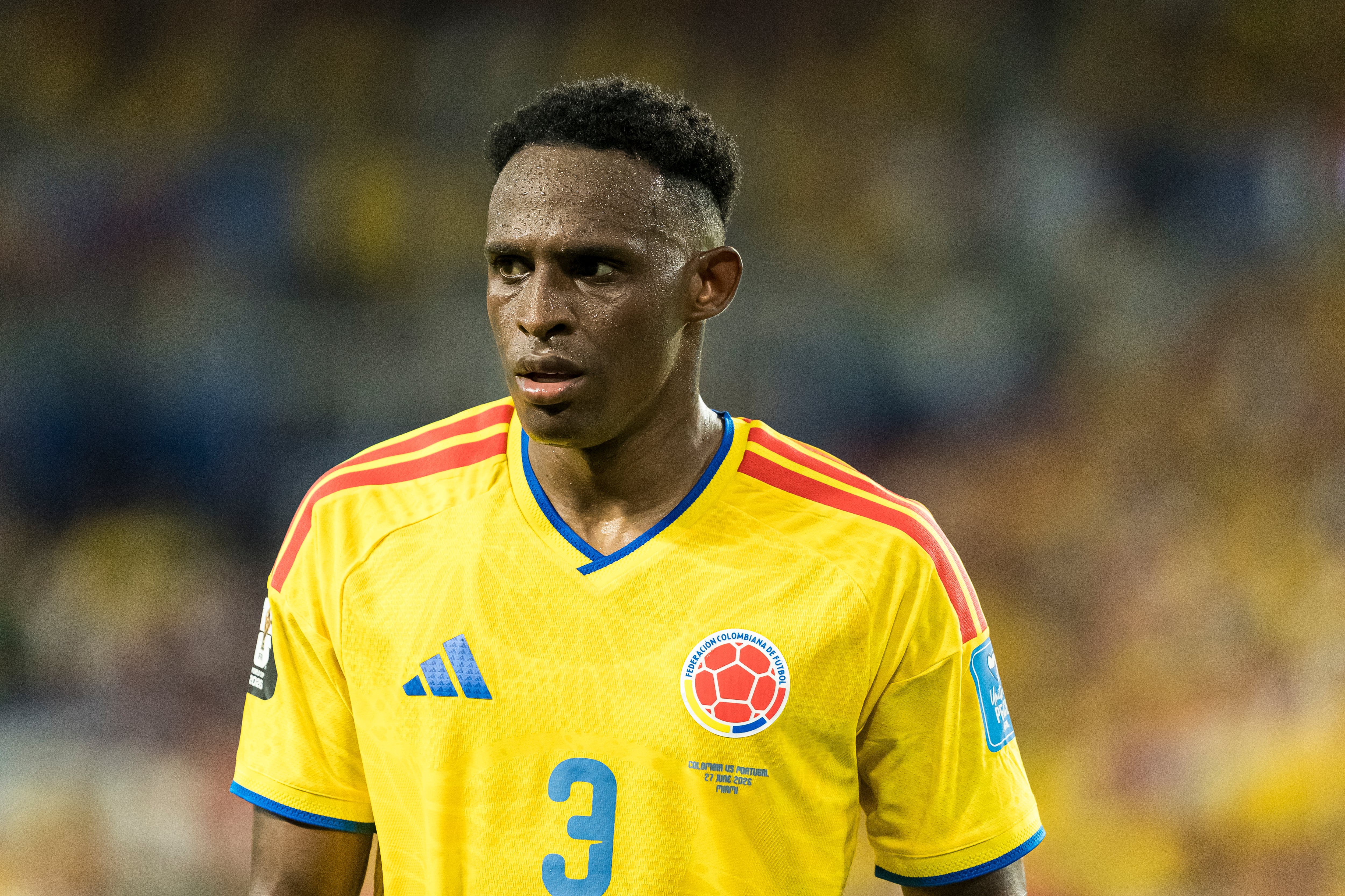 MIAMI GARDENS, FLORIDA - JUNE 27: Jhon Lucumi of Colombia looks on during the FIFA World Cup 2026 Group K match between Colombia and Portugal at Miami Stadium on June 27, 2026 in Miami Gardens, United States. (Photo by Calvin Hernandez/Eurasia Sport Images/Getty Images)
