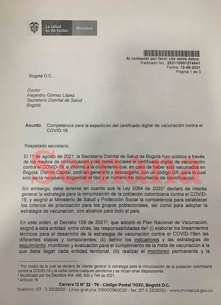 Exclusivo: la carta con que el Gobierno dice que Alcaldía no tiene competencia para expedir certificados digitales de vacunación