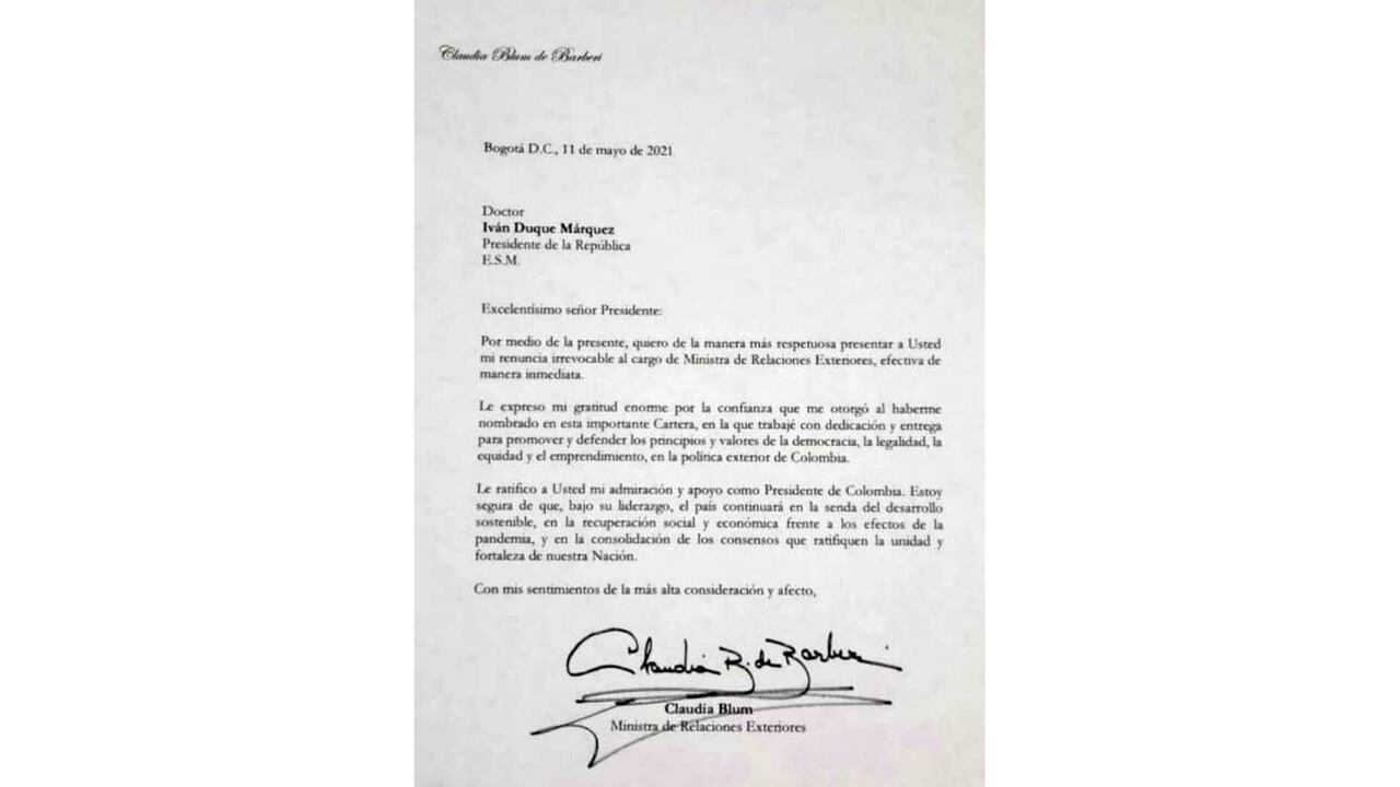 Carta de renuncia de Claudia Blum