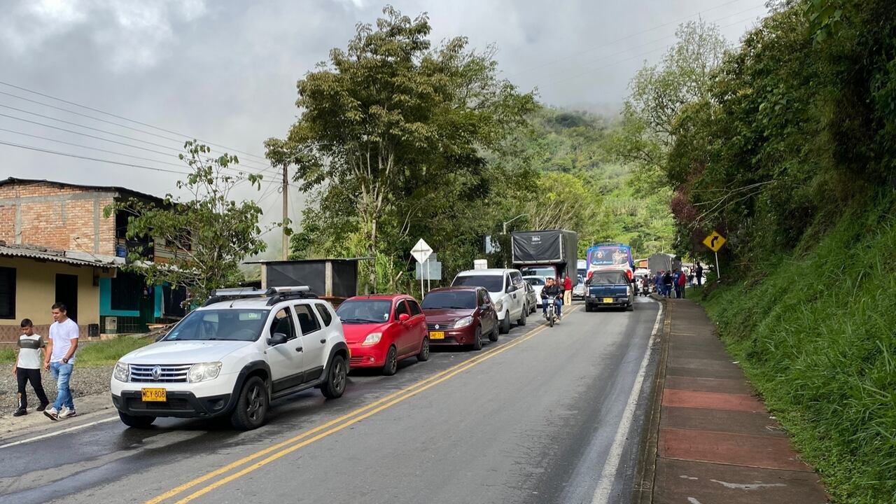 Monumental trancón en ruta alterna de Cauca para continuar al sur del país; familias con menores y animales han esperado por horas.
