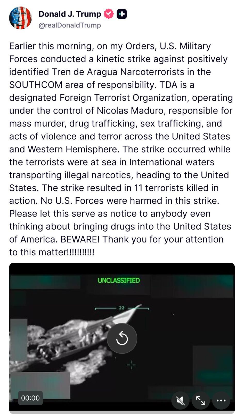 Mensaje emitido por Donald Trump en su red social Truth