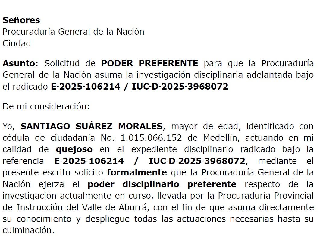Esta es la solicitud de poder preferente para que el proceso pase a Bogotá, en la Procuraduría General de la Nación.