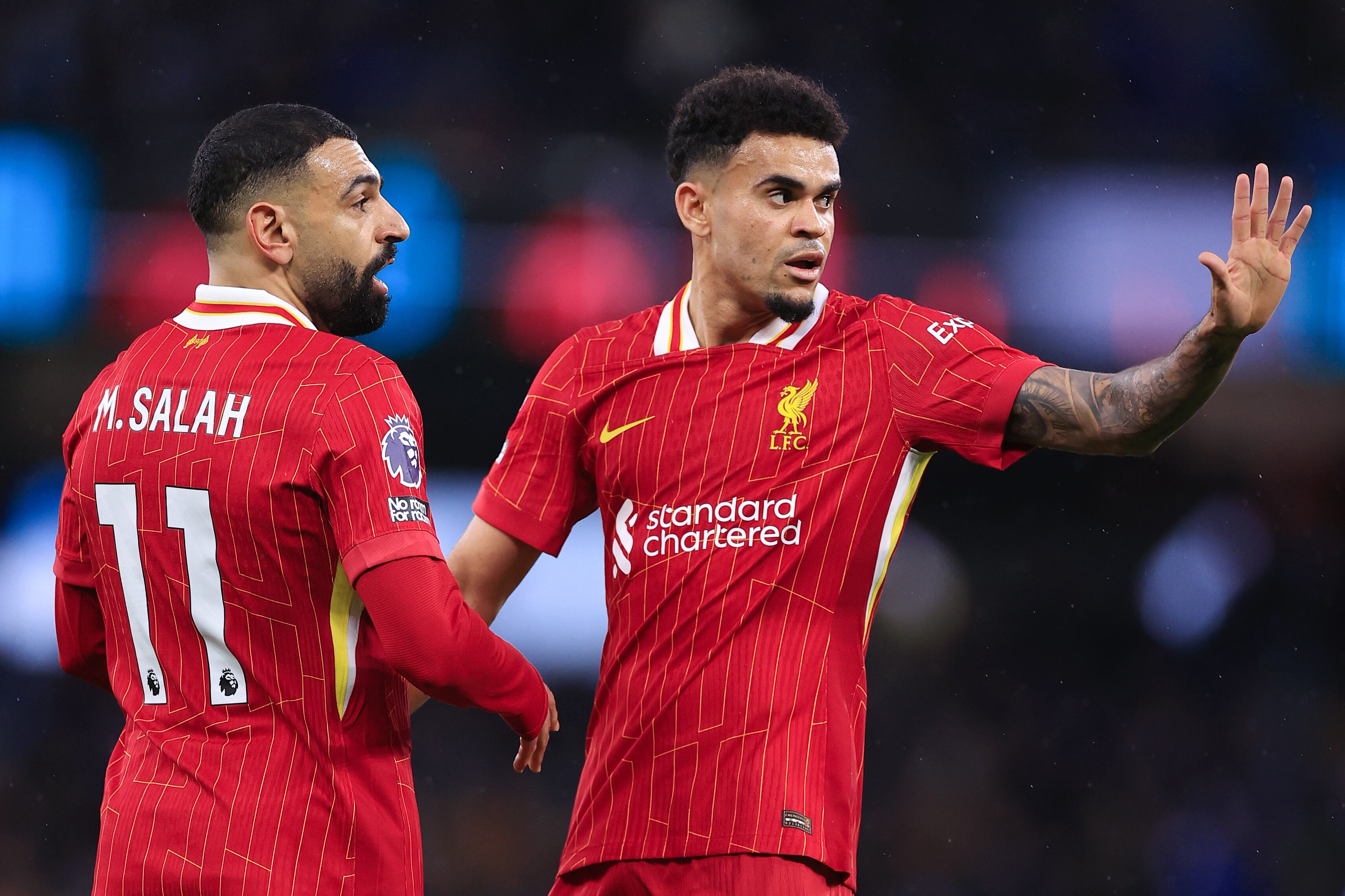 MANCHESTER, ENGLAND - FEBRUARY 23: Mohamed Salah of Liverpool (L) and Luis Diaz of Liverpool stand by during the Premier League match between Manchester City FC and Liverpool FC at Etihad Stadium on February 23, 2025 in Manchester, England. (Photo by Simon Stacpoole/Offside/Offside via Getty Images)
