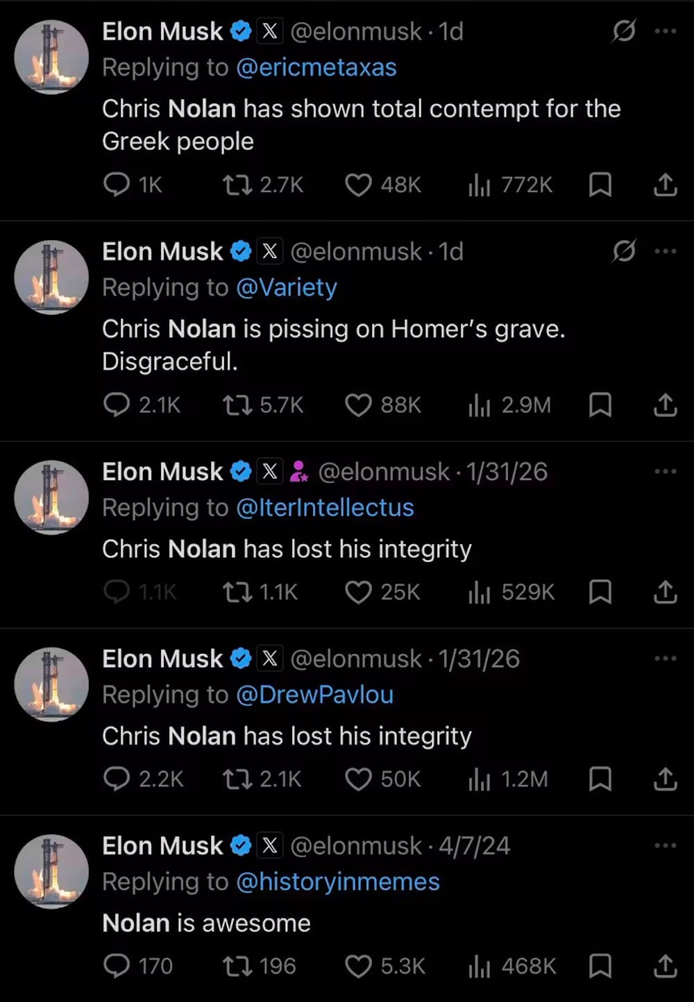 Tweets de Elon Musk quejándose de la nueva adaptación de Nolan. X.com