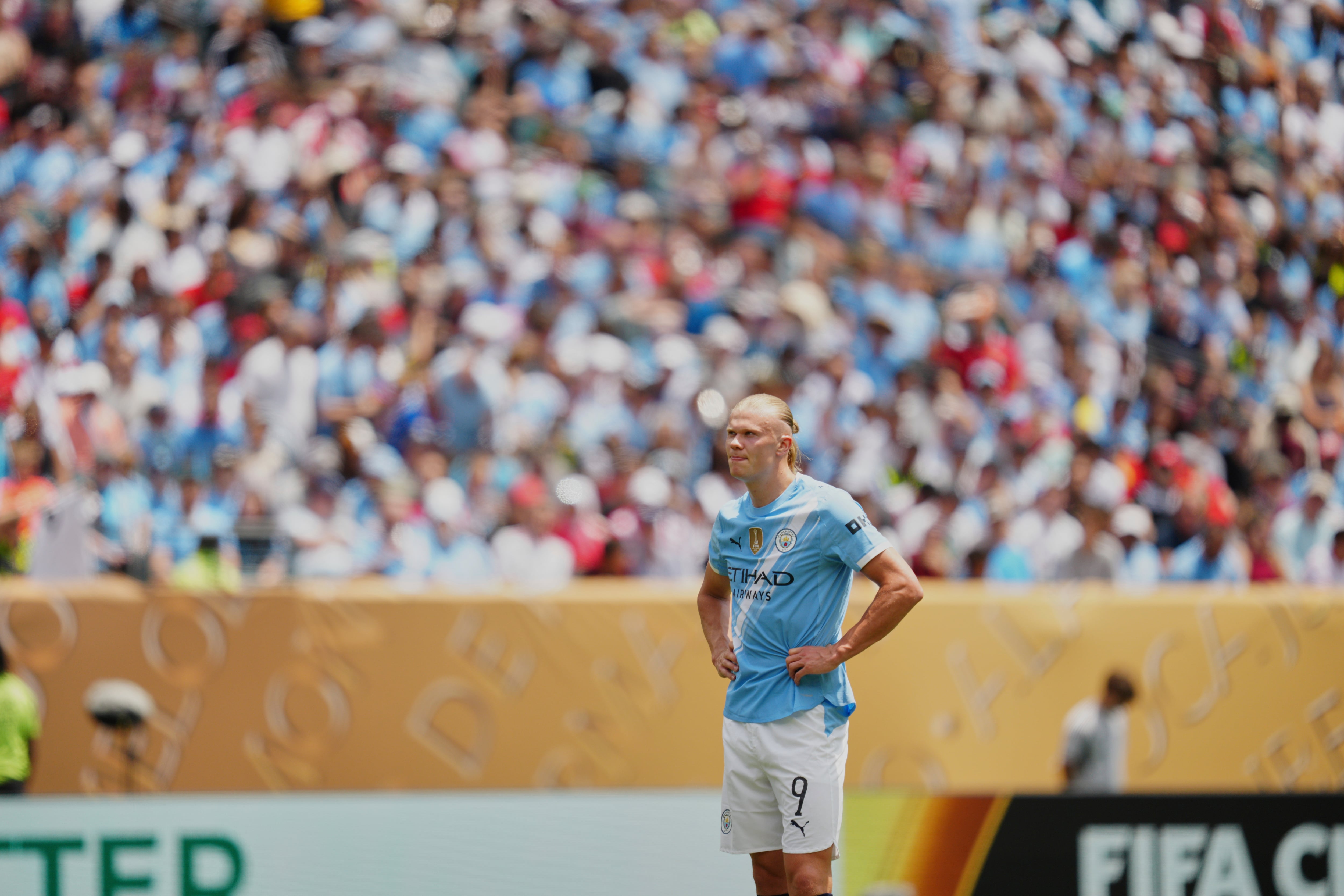 Manchester City's Erling Haaland stands after a miss during the Club World Cup group G soccer match between Manchester City and Wydad AC in Philadelphia, Wednesday, June 18, 2025. (AP Photo/Derik Hamilton)