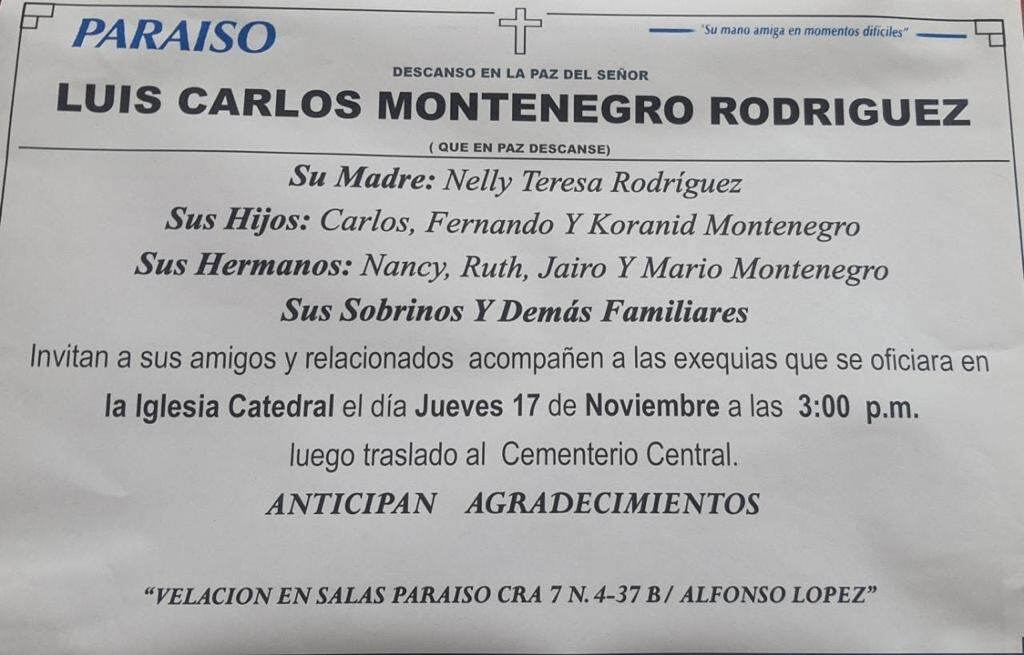 Luis Carlos murió en Pasto, después de compartir una semana con su familia, el dictamen medico es de un paro respiratorio