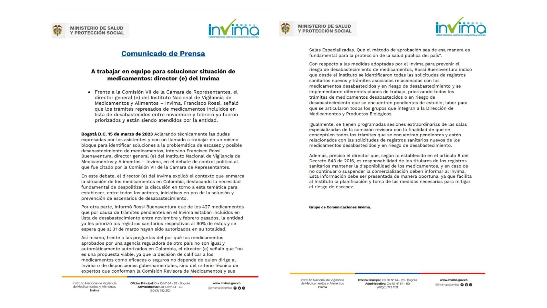 Comunicado del Invima.