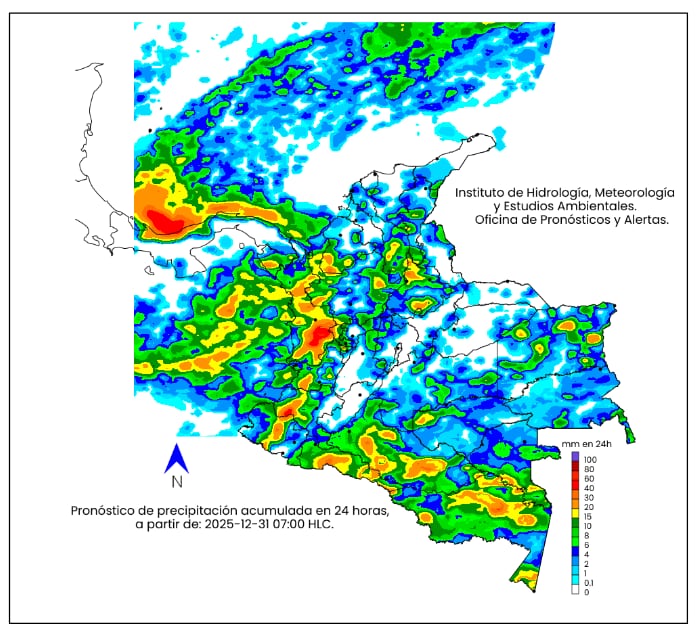La escala de colores indica la cantidad de
precipitación acumulada para el 31 de diciembre de 2025