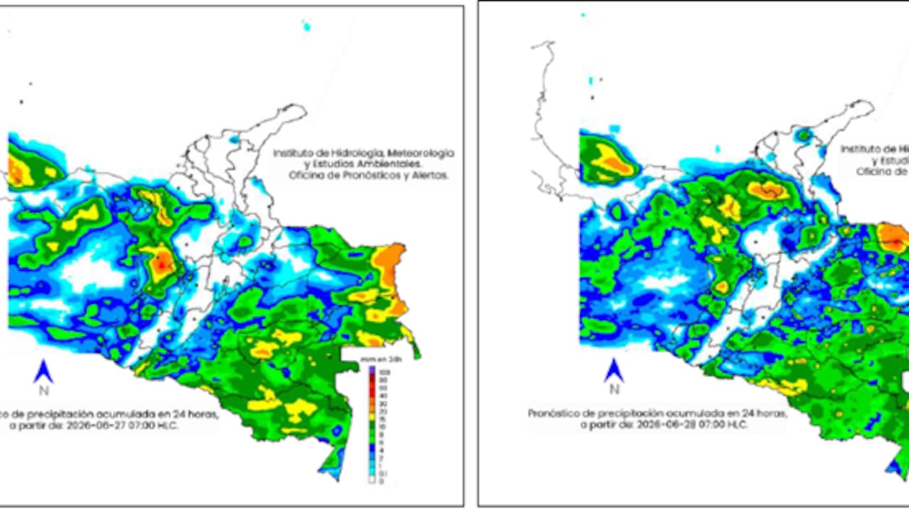 Mapas del clima en Colombia para el sábado 27 (izq.) y el domingo 28 (der.) de junio.