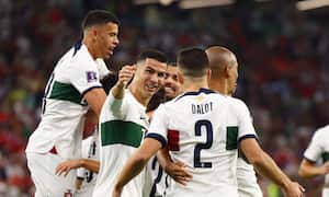 Soccer Football - FIFA World Cup Qatar 2022 - Group H - South Korea v Portugal - Education City Stadium, Al Rayyan, Qatar - December 2, 2022 Portugal's Ricardo Horta celebrates scoring their first goal with Cristiano Ronaldo, Joao Mario, Diogo Dalot and teammates REUTERS/Kai Pfaffenbach