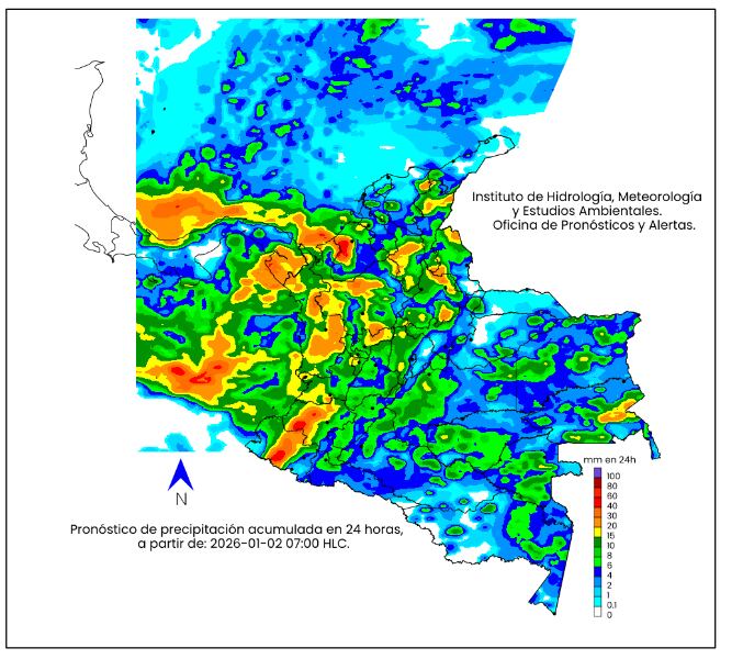 La escala de colores indica la cantidad de
precipitación acumulada para el 2 de enero de 2026