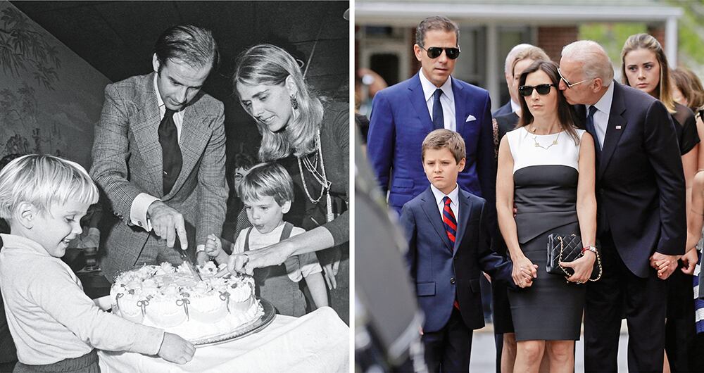  El presidente celebró sus 30 años en noviembre de 1972 con su esposa, Neilia (quien moriría un mes después), Beau y Hunter. A la derecha, el sepelio de Beau en 2015, con cuya viuda, Hallie (de blanco y negro), Hunter tuvo un polémico romance.
