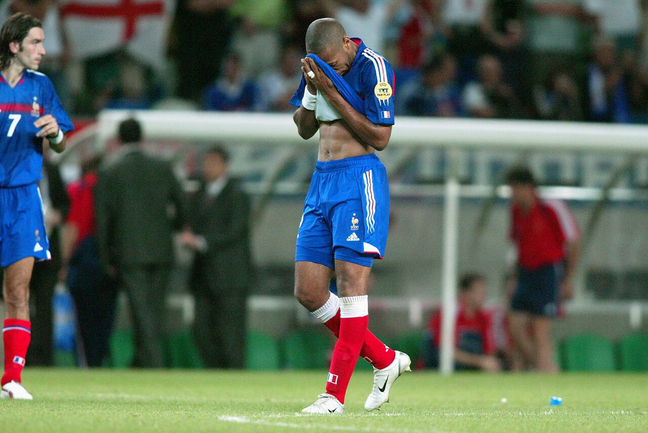 LISBON, PORTUGAL - June 25: Thierry Henry of France looks dejected after defeat by Greece in the UEFA Euro 2004 Quarter Final match between France and Greece at Jose Alvalade Stadium on June 25, 2004 in Lisbon, Portugal. (Photo by Michael Mayhew/Sportsphoto/Allstar via Getty Images)