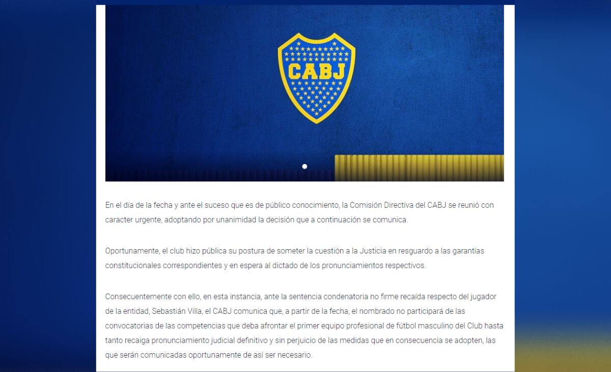Comunicado Boca Juniors sobre el caso de Sebastián Villa.