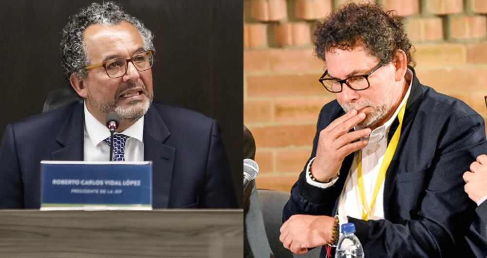 De izquierda a derecha: Roberto Vidal, presidente de la JEP, y Pastor Alape, excomandante de las Farc.