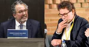 De izquierda a derecha: Roberto Vidal, presidente de la JEP, y Pastor Alape, excomandante de las Farc.